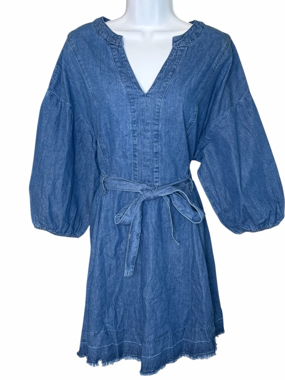 NWT Bisual Chambray Denim Mini Dress XL Tie Waist Balloon Sleeve Boho
